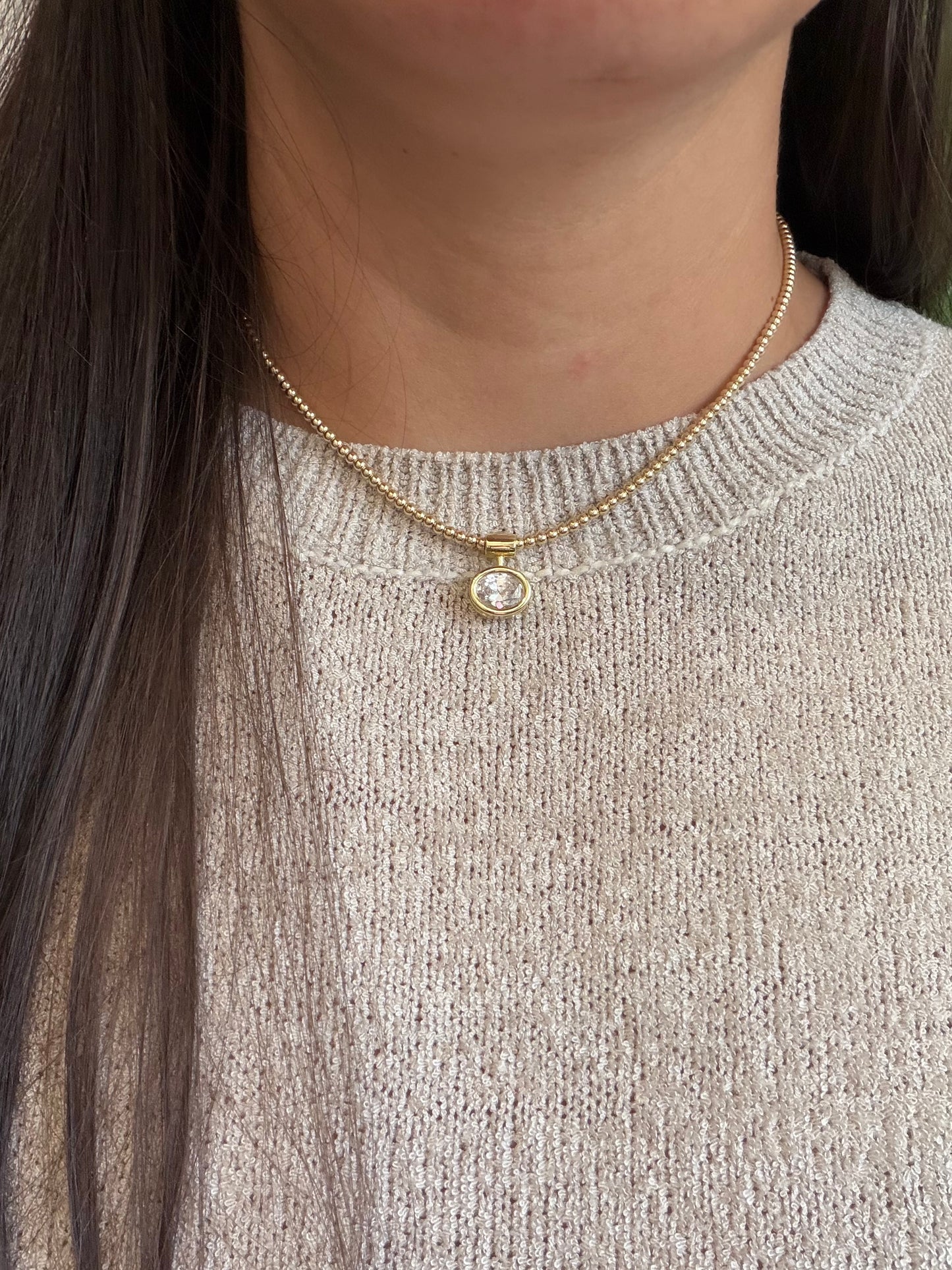 Gold Filled Beaded Necklace with Oval CZ Pendant