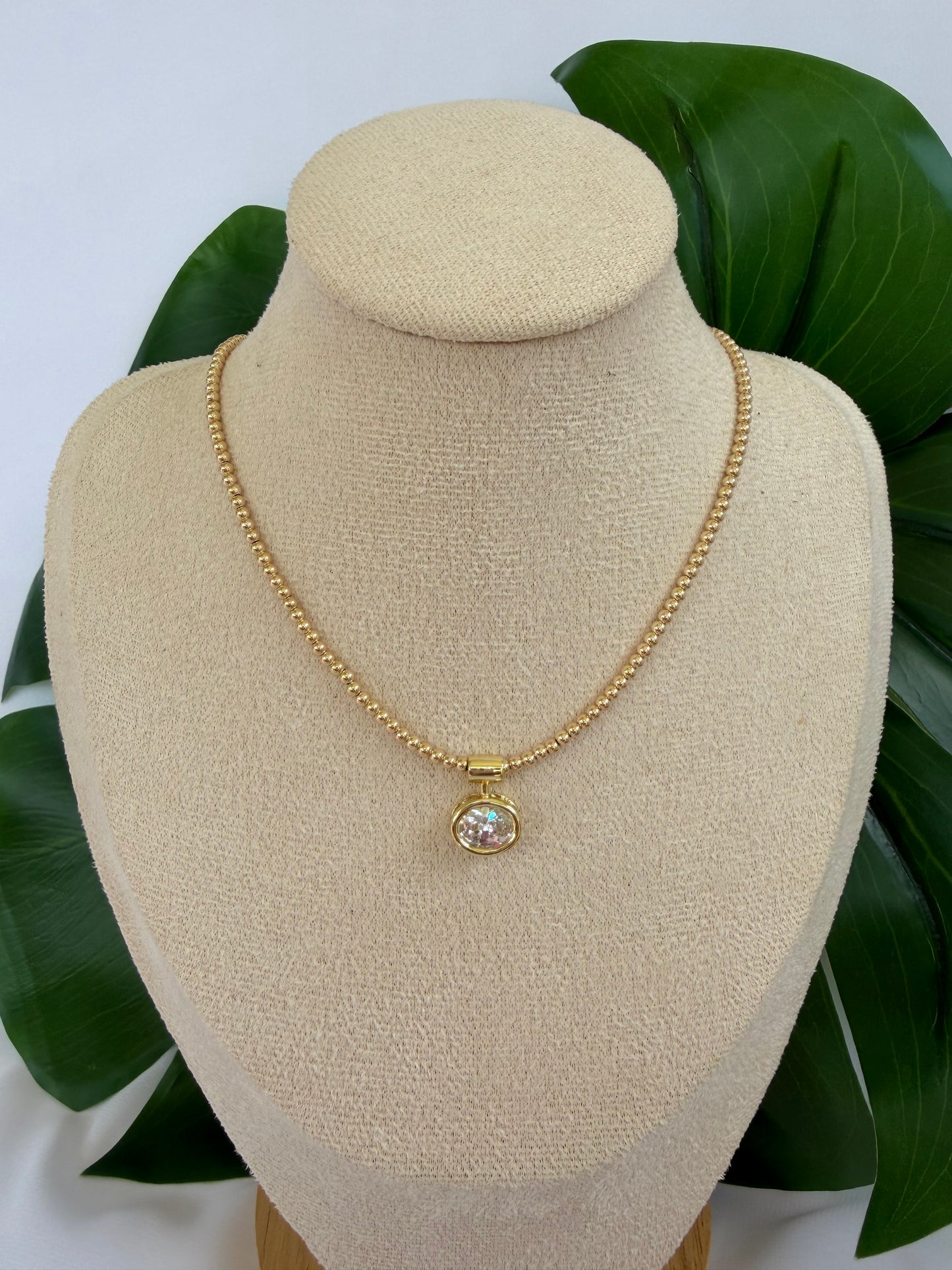 Gold Filled Beaded Necklace with Oval CZ Pendant