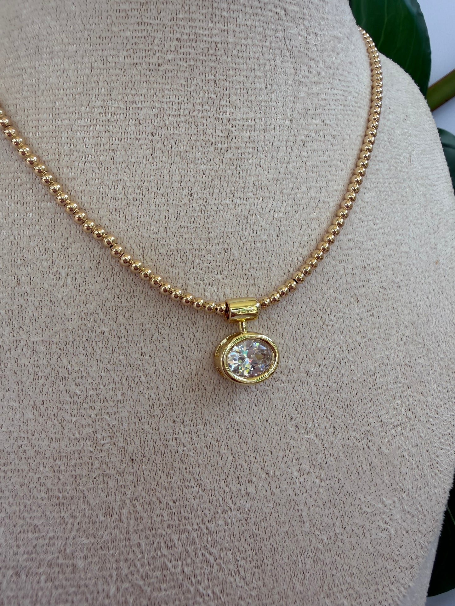 Gold Filled Beaded Necklace with Oval CZ Pendant