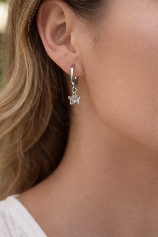 Silver Gemstone Star Huggie Hoops