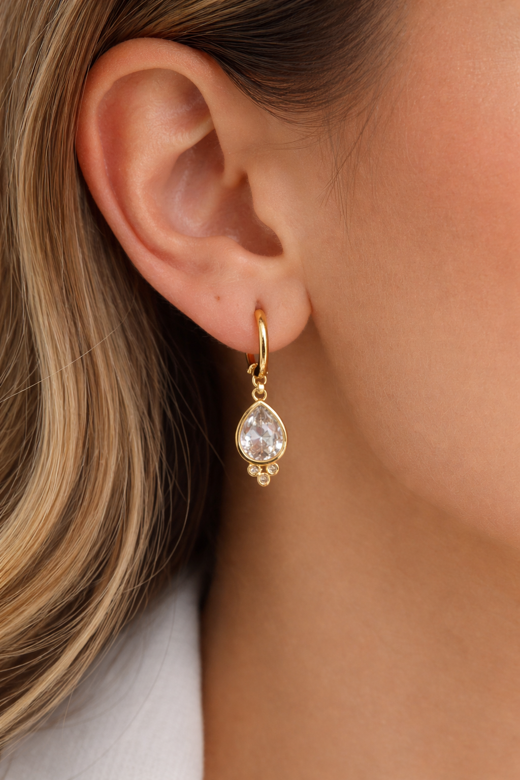 Gold Filled, Cubic Zirconia Teardrop Huggi Hoop Earrings